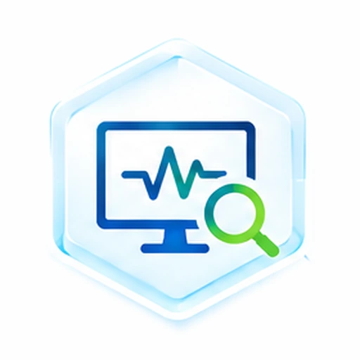 Monitor mit Herzfrequenzkurve und grüner Lupe in einem Sechseck – Symbol für IT-Monitoring