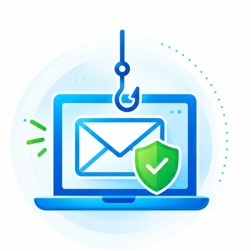 Laptop mit E-Mail und grünem Schutzschild, darüber ein Angelhaken – Symbol für Phishing-Schutz